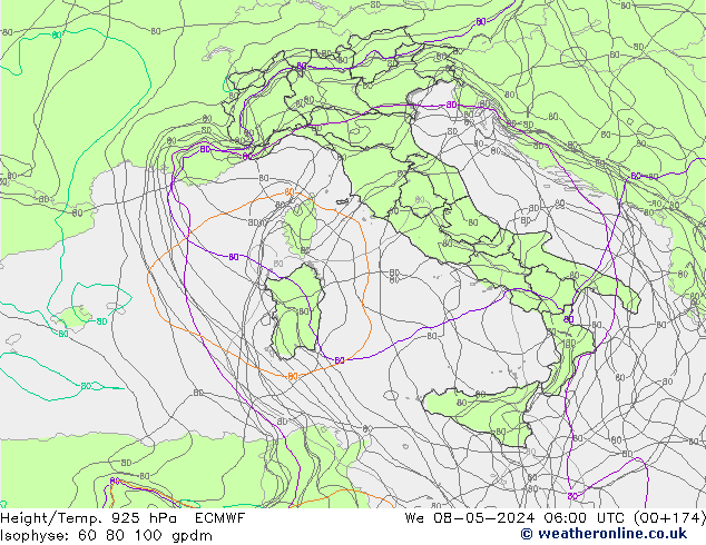 Height/Temp. 925 hPa ECMWF śro. 08.05.2024 06 UTC