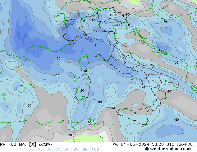 Humidité rel. 700 hPa ECMWF mer 01.05.2024 06 UTC