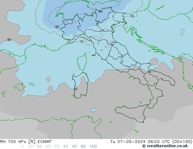 RH 700 hPa ECMWF Di 07.05.2024 06 UTC