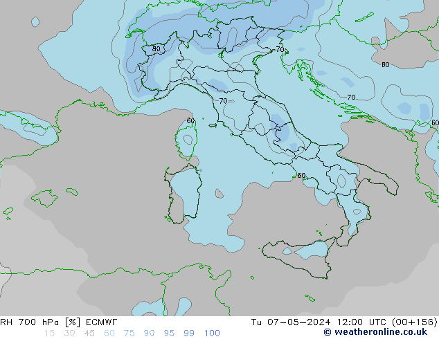 RH 700 hPa ECMWF Tu 07.05.2024 12 UTC