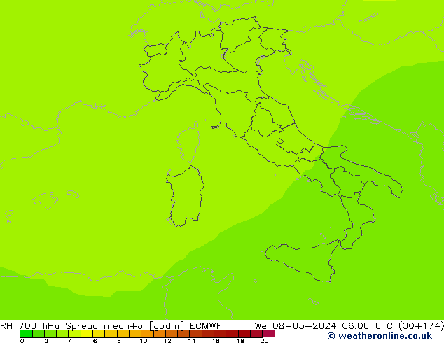 RH 700 hPa Spread ECMWF śro. 08.05.2024 06 UTC