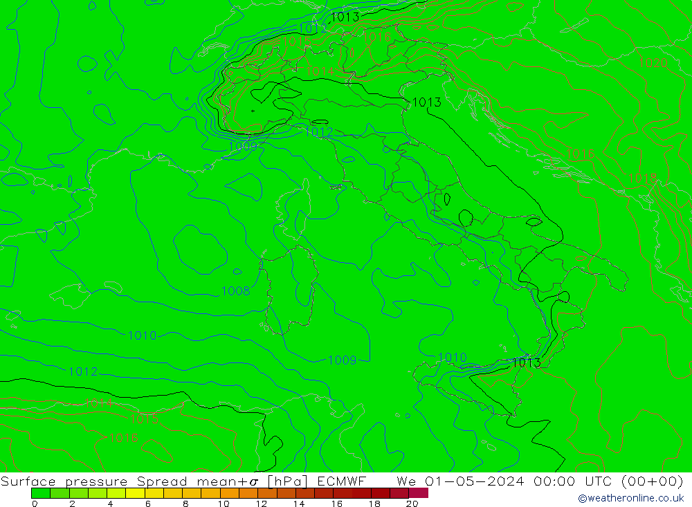 Luchtdruk op zeeniveau Spread ECMWF wo 01.05.2024 00 UTC