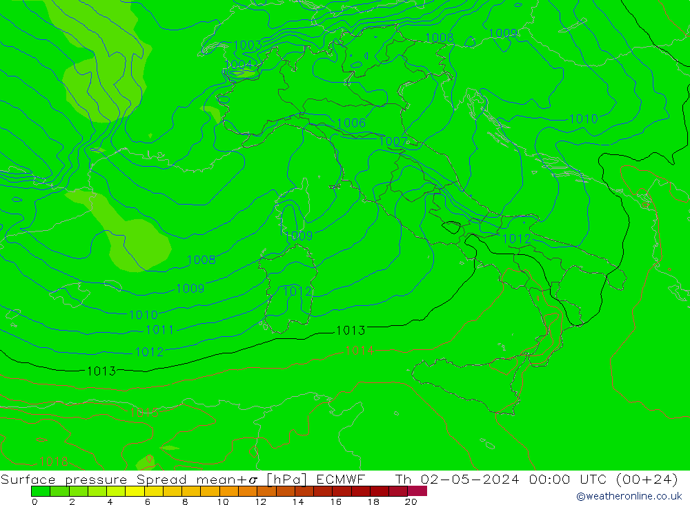 Surface pressure Spread ECMWF Th 02.05.2024 00 UTC