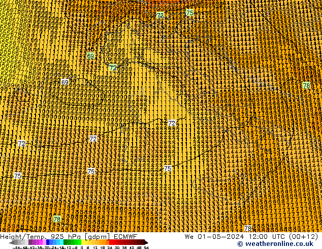 Height/Temp. 925 hPa ECMWF We 01.05.2024 12 UTC