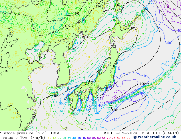 Isotachs (kph) ECMWF St 01.05.2024 18 UTC