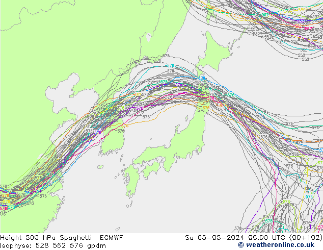 Height 500 hPa Spaghetti ECMWF Su 05.05.2024 06 UTC