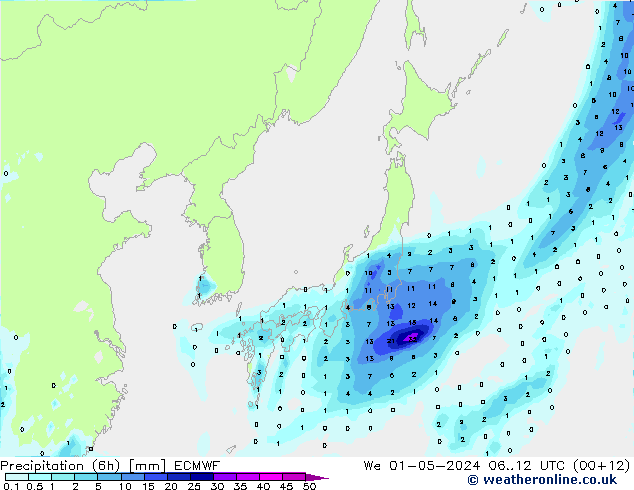 Totale neerslag (6h) ECMWF wo 01.05.2024 12 UTC