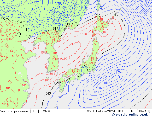 Surface pressure ECMWF We 01.05.2024 18 UTC