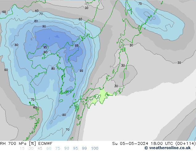 Humidité rel. 700 hPa ECMWF dim 05.05.2024 18 UTC