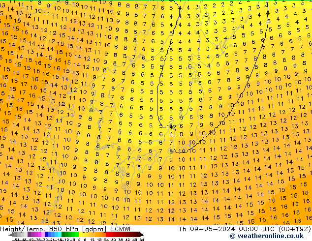 Hoogte/Temp. 850 hPa ECMWF do 09.05.2024 00 UTC