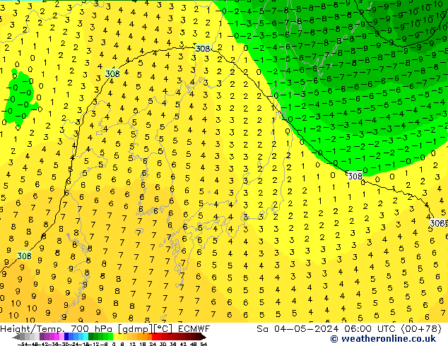 Height/Temp. 700 hPa ECMWF Sa 04.05.2024 06 UTC