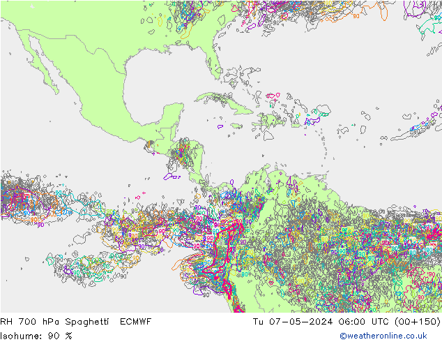 RH 700 hPa Spaghetti ECMWF wto. 07.05.2024 06 UTC