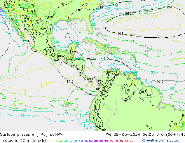 Isotachs (kph) ECMWF mer 08.05.2024 06 UTC