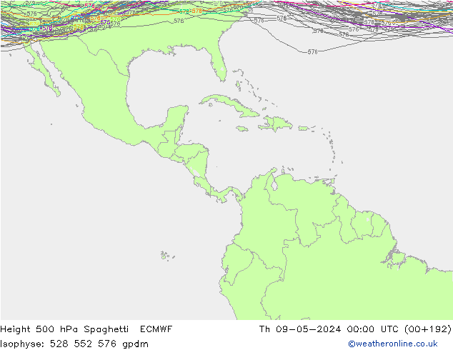 Height 500 hPa Spaghetti ECMWF  09.05.2024 00 UTC