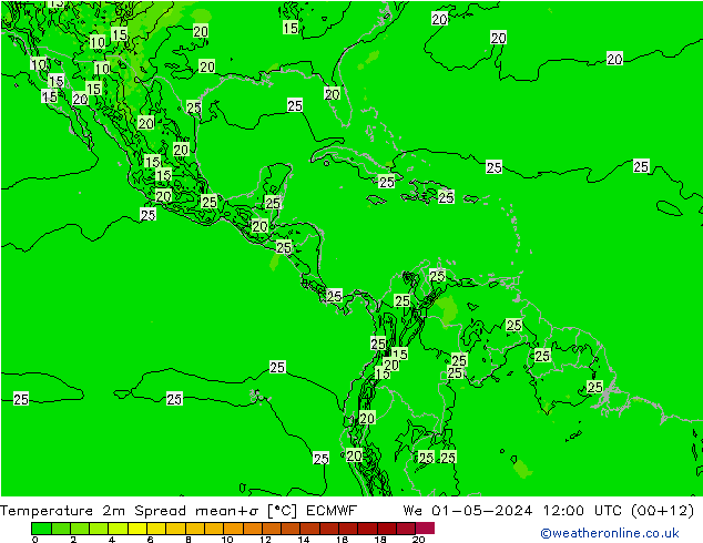 mapa temperatury 2m Spread ECMWF śro. 01.05.2024 12 UTC