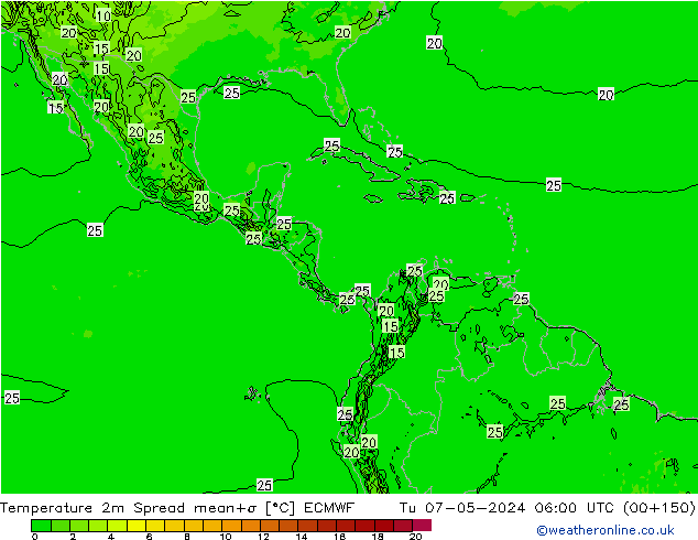 mapa temperatury 2m Spread ECMWF wto. 07.05.2024 06 UTC