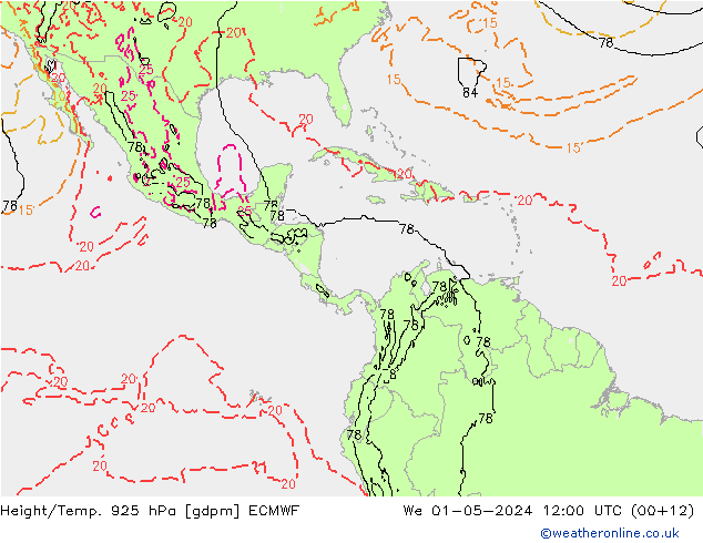 Height/Temp. 925 hPa ECMWF We 01.05.2024 12 UTC