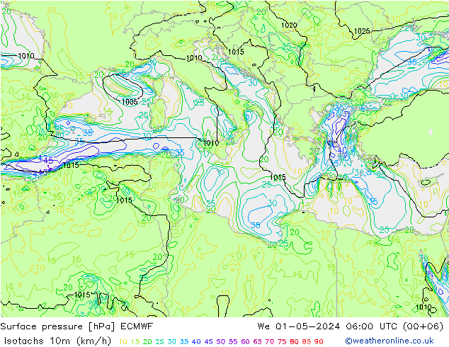 Isotachs (kph) ECMWF We 01.05.2024 06 UTC