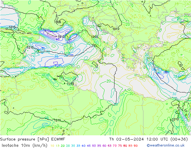 Isotachs (kph) ECMWF Čt 02.05.2024 12 UTC