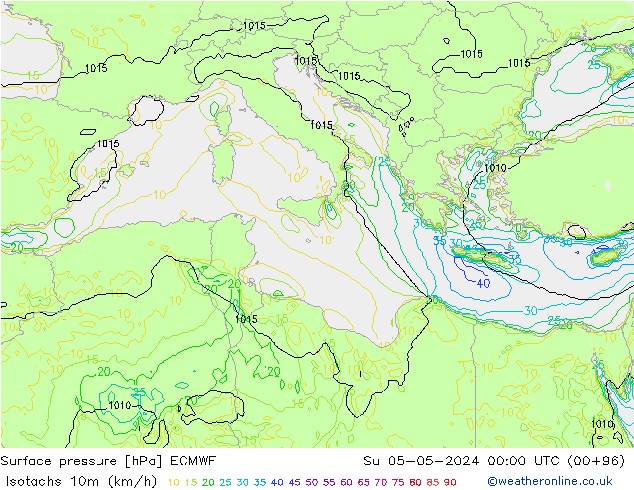 Izotacha (km/godz) ECMWF nie. 05.05.2024 00 UTC