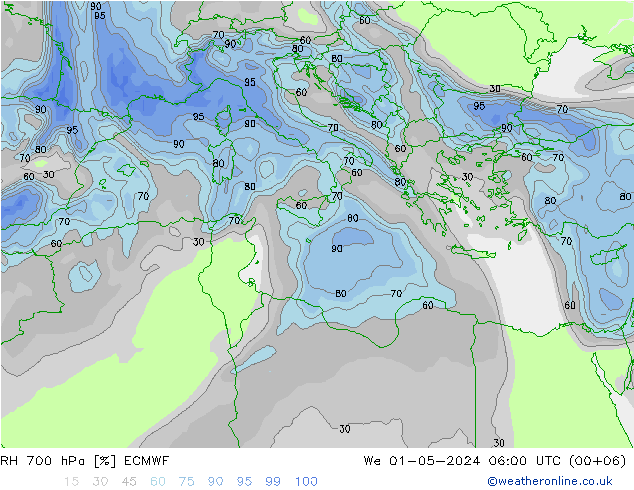 Humedad rel. 700hPa ECMWF mié 01.05.2024 06 UTC