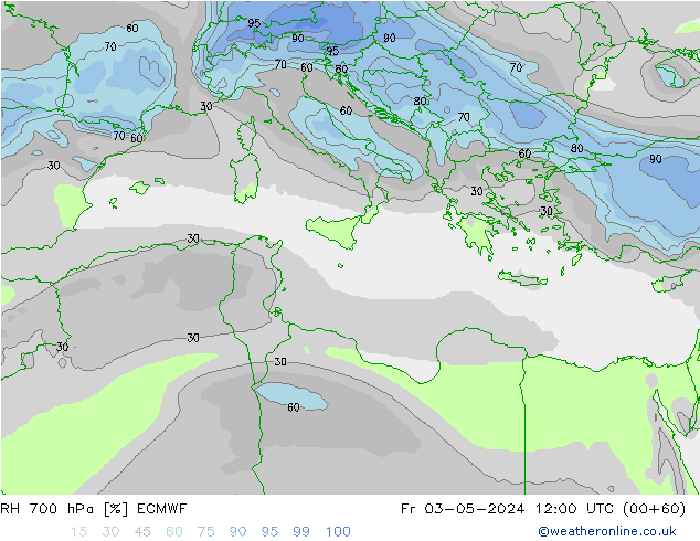 RH 700 hPa ECMWF Pá 03.05.2024 12 UTC