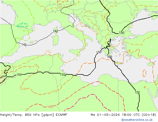 Yükseklik/Sıc. 850 hPa ECMWF Çar 01.05.2024 18 UTC