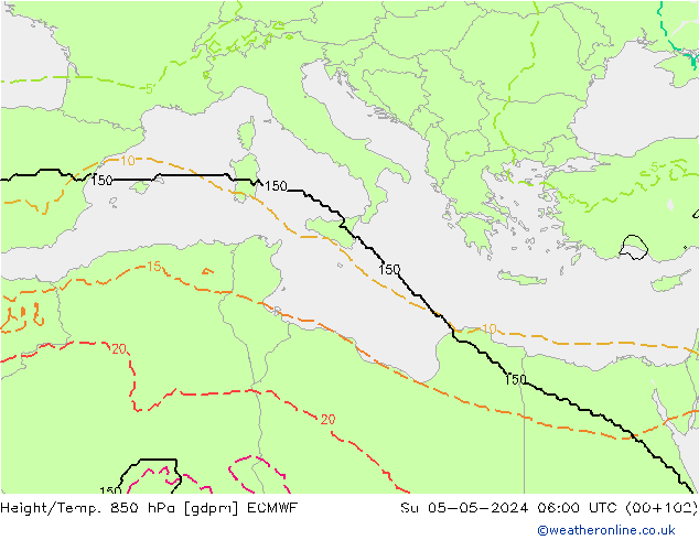 Yükseklik/Sıc. 850 hPa ECMWF Paz 05.05.2024 06 UTC