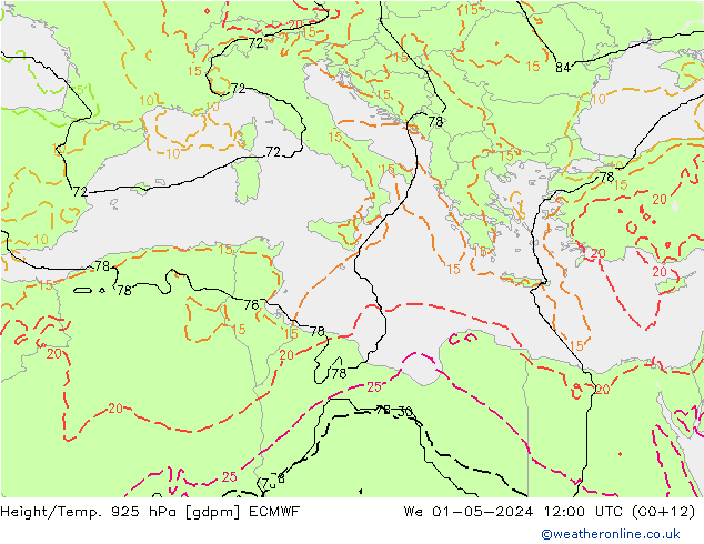 Height/Temp. 925 hPa ECMWF Qua 01.05.2024 12 UTC