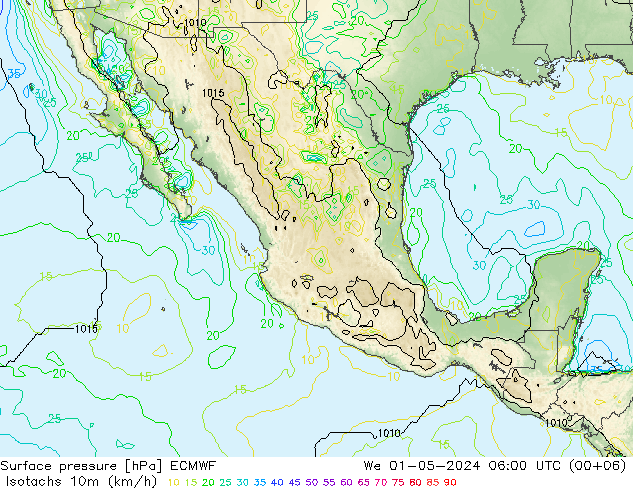 Isotaca (kph) ECMWF mié 01.05.2024 06 UTC