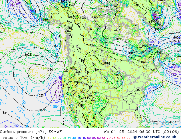 Isotachen (km/h) ECMWF Mi 01.05.2024 06 UTC