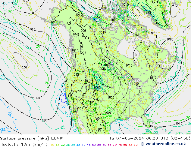 Isotachs (kph) ECMWF Tu 07.05.2024 06 UTC