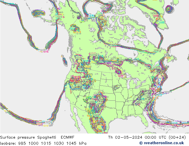 pressão do solo Spaghetti ECMWF Qui 02.05.2024 00 UTC