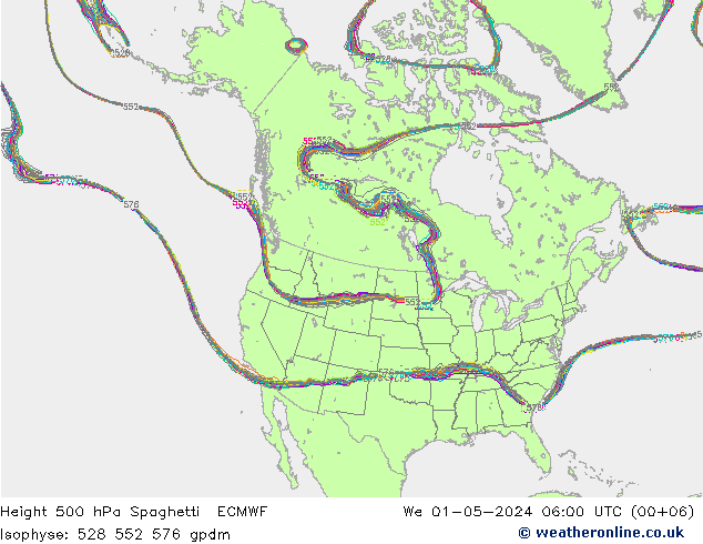 Height 500 hPa Spaghetti ECMWF Mi 01.05.2024 06 UTC