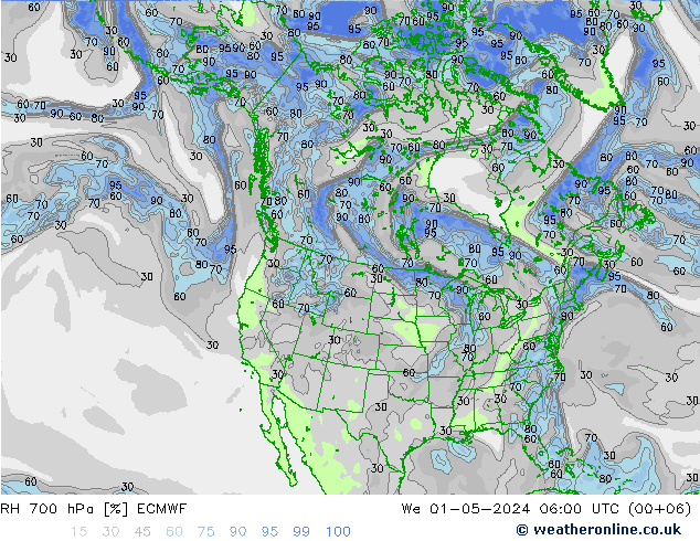 RH 700 hPa ECMWF mer 01.05.2024 06 UTC