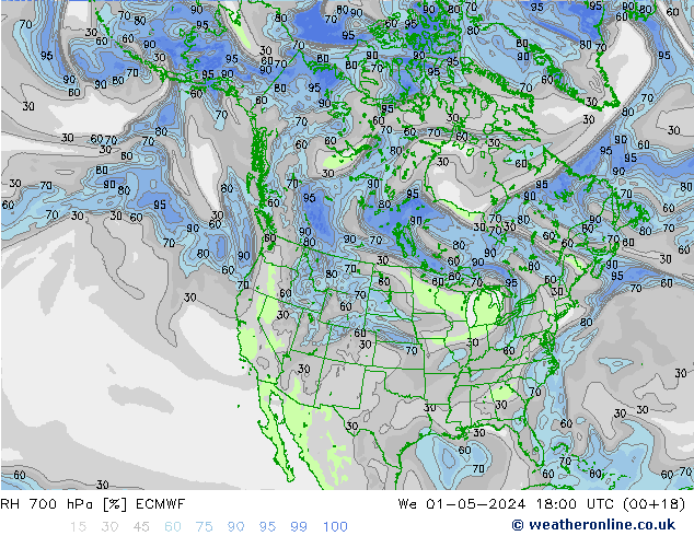 RH 700 hPa ECMWF Qua 01.05.2024 18 UTC