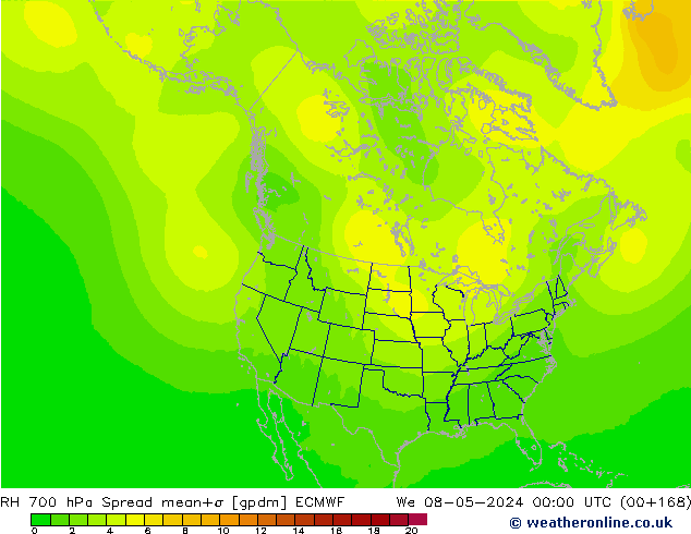 700 hPa Nispi Nem Spread ECMWF Çar 08.05.2024 00 UTC