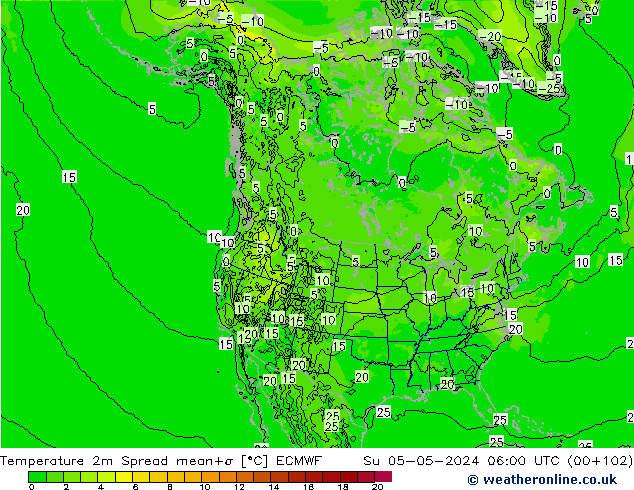 Temperature 2m Spread ECMWF Su 05.05.2024 06 UTC