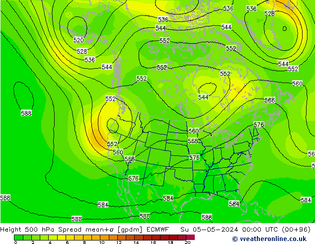 Height 500 hPa Spread ECMWF So 05.05.2024 00 UTC