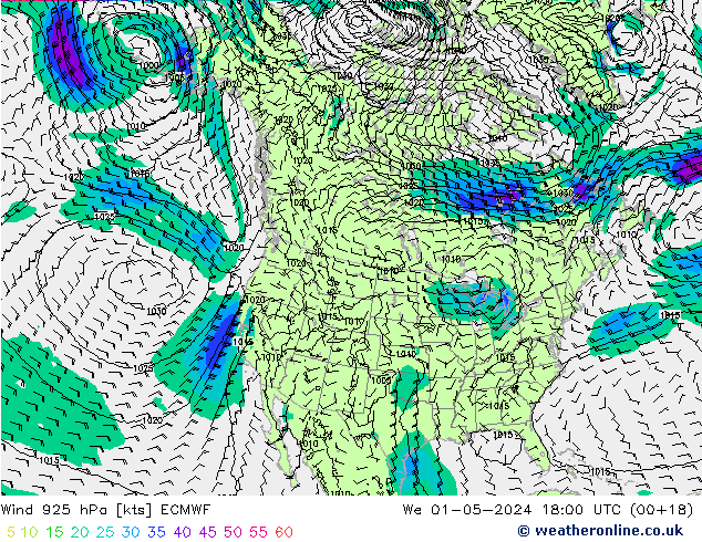 Vento 925 hPa ECMWF mer 01.05.2024 18 UTC