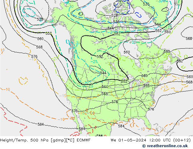 Height/Temp. 500 hPa ECMWF Mi 01.05.2024 12 UTC