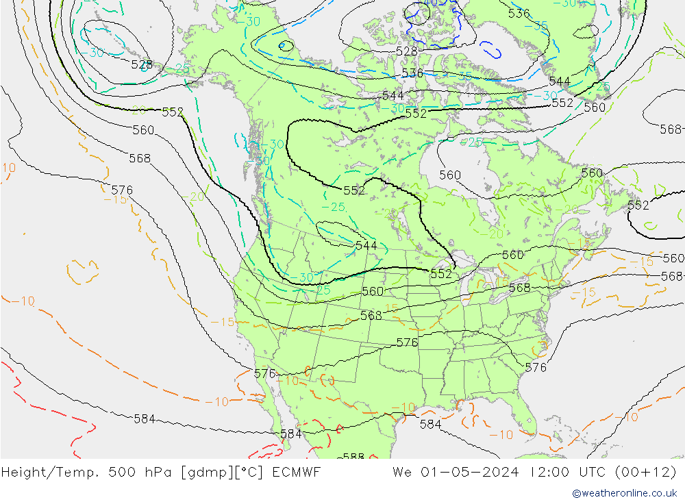 Height/Temp. 500 hPa ECMWF Mi 01.05.2024 12 UTC