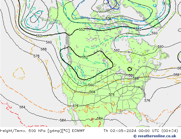 Height/Temp. 500 hPa ECMWF czw. 02.05.2024 00 UTC