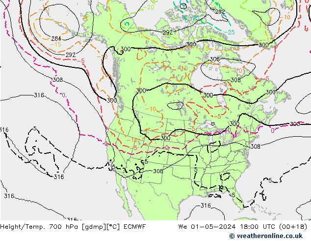 Height/Temp. 700 hPa ECMWF Mi 01.05.2024 18 UTC