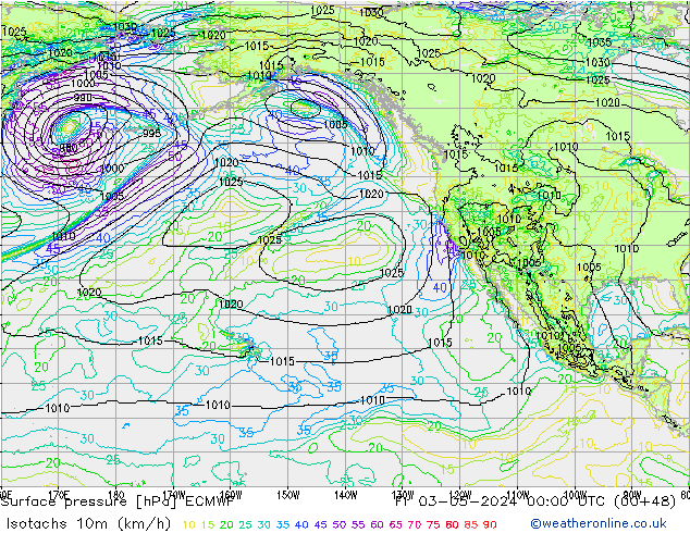 Isotachs (kph) ECMWF пт 03.05.2024 00 UTC