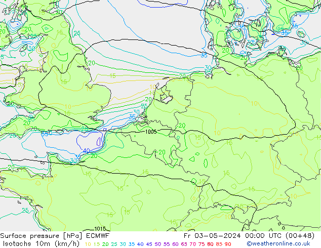 Isotachs (kph) ECMWF ven 03.05.2024 00 UTC