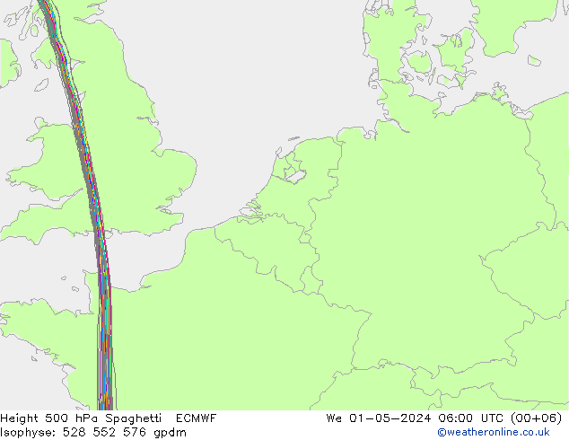 Hoogte 500 hPa Spaghetti ECMWF wo 01.05.2024 06 UTC