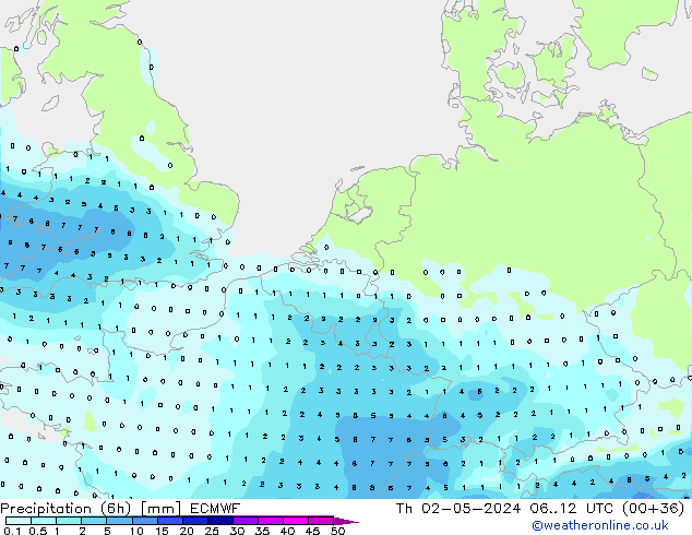 Totale neerslag (6h) ECMWF do 02.05.2024 12 UTC