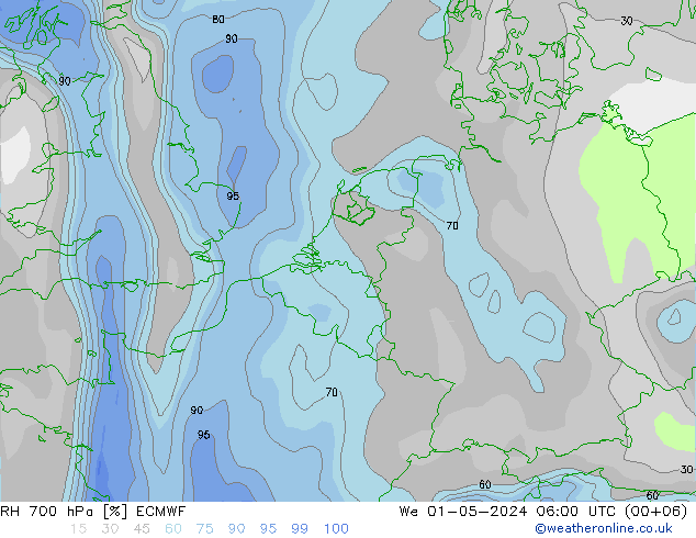 RH 700 hPa ECMWF Mi 01.05.2024 06 UTC