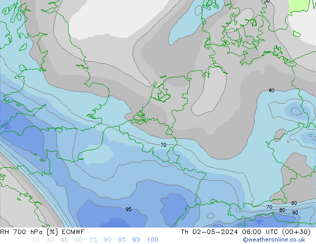 RH 700 hPa ECMWF gio 02.05.2024 06 UTC